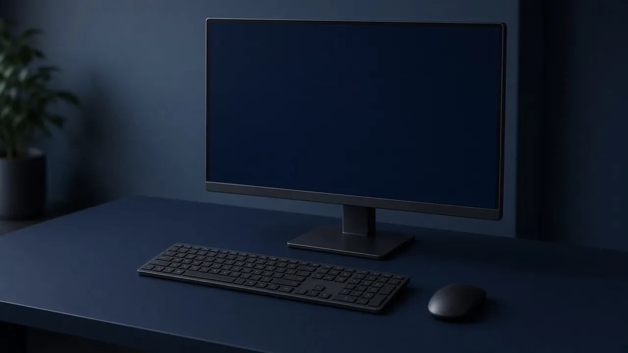 A dark monitor on a navy desk, with a keyboard and mouse in front of a blank screen