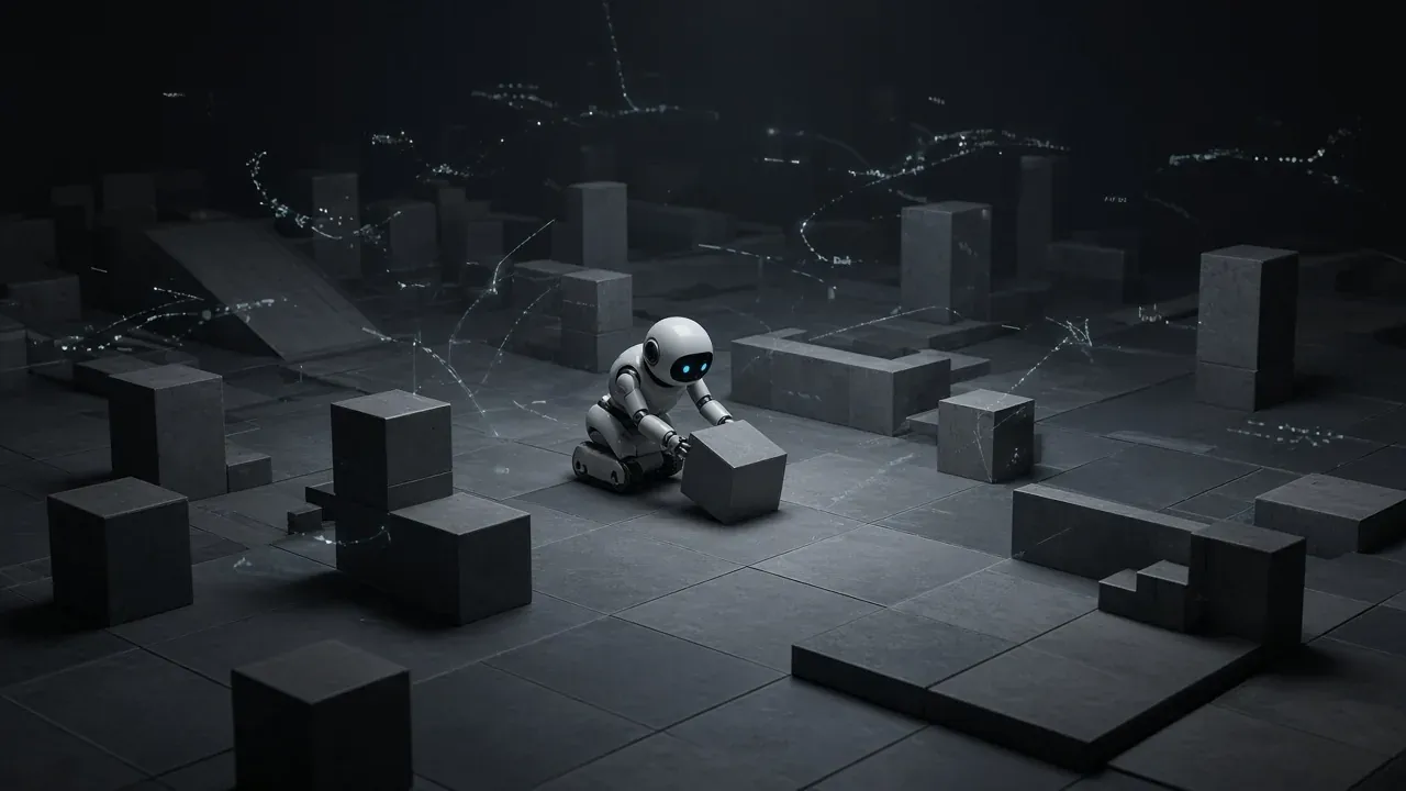 A small robot placing a cube in a prototype level