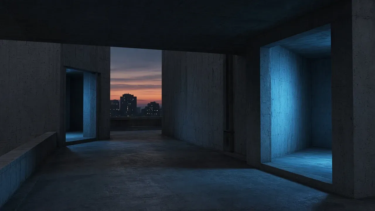An empty concrete corridor with two doorways in cool blue light