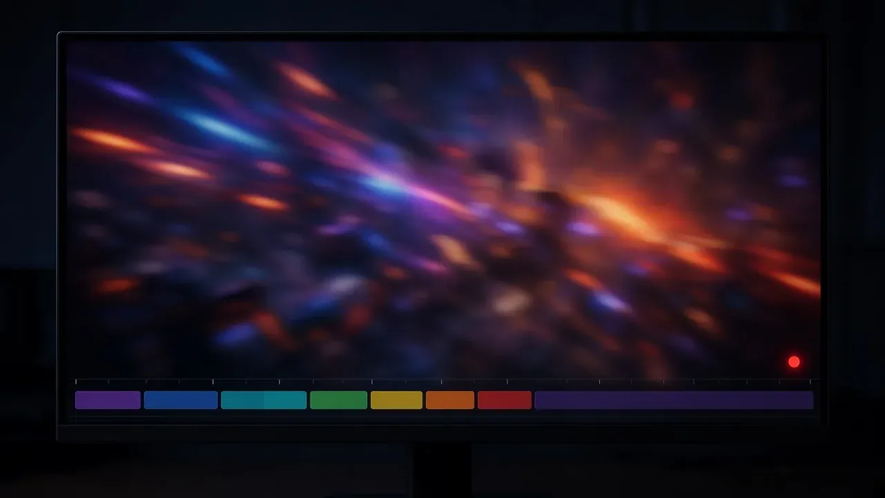 A monitor showing a blurred action scene, a color timeline, and a red record dot