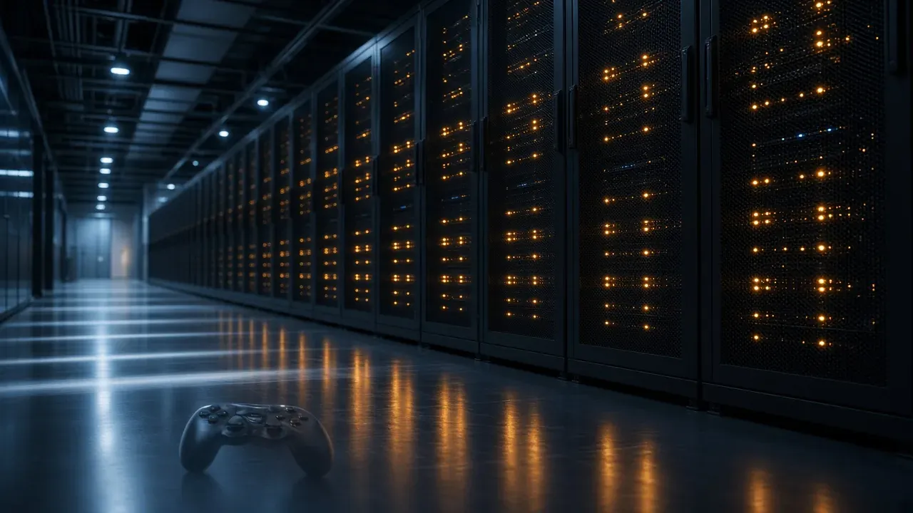 A row of dark server racks with amber lights and a controller on the floor