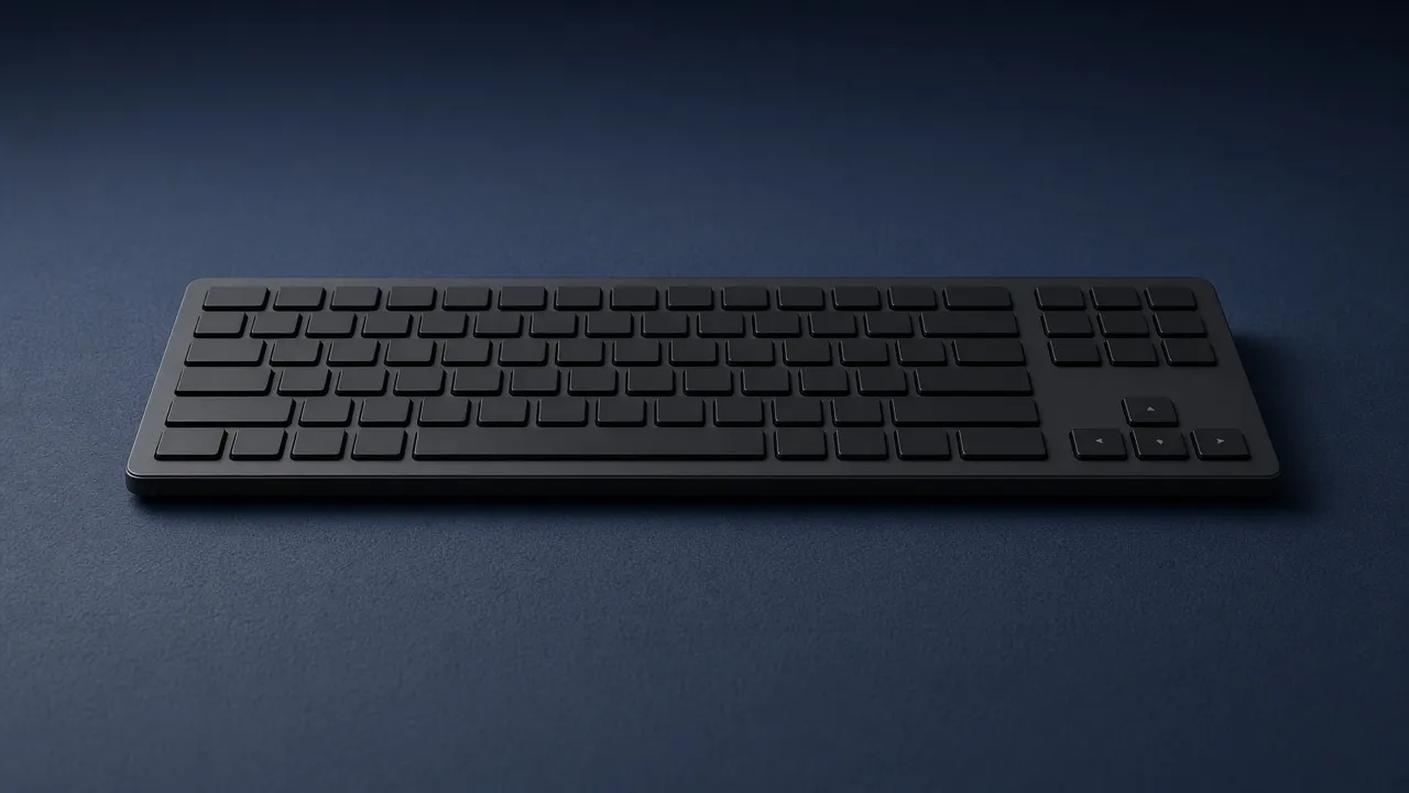 A single dark keyboard centered on an empty navy desk