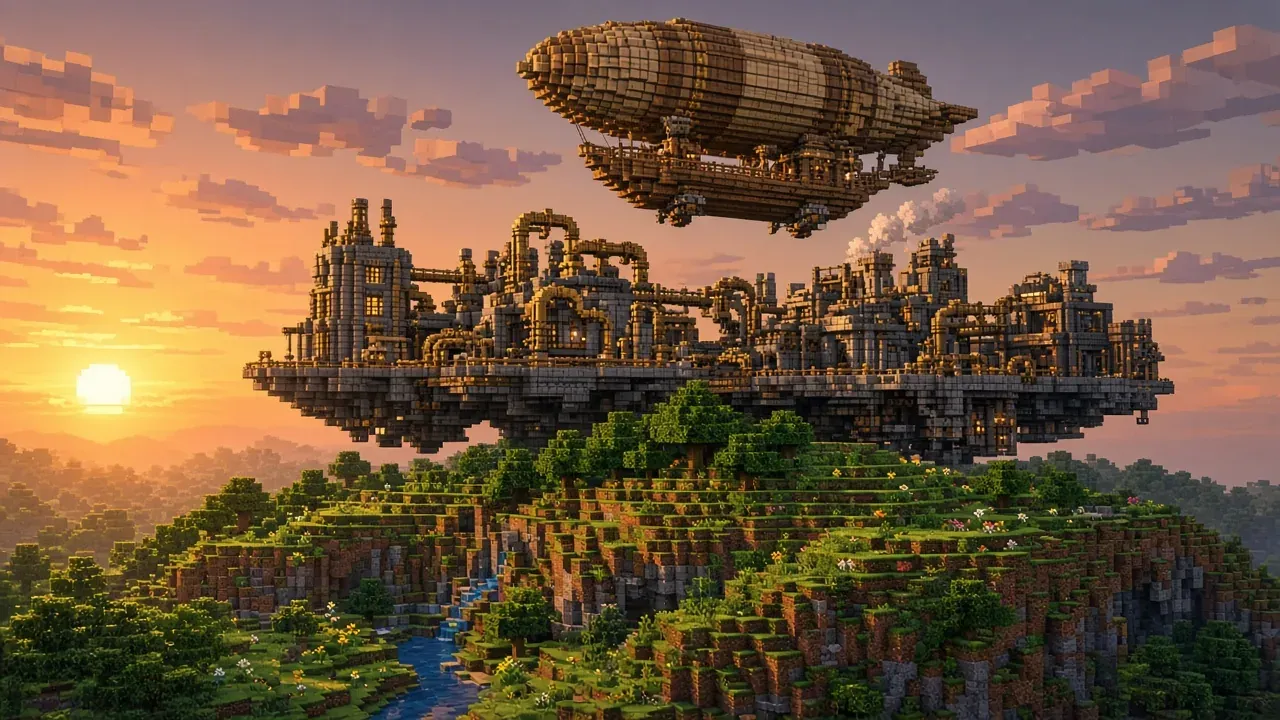 A cubic airship and brass factory island above a green hill at sunset