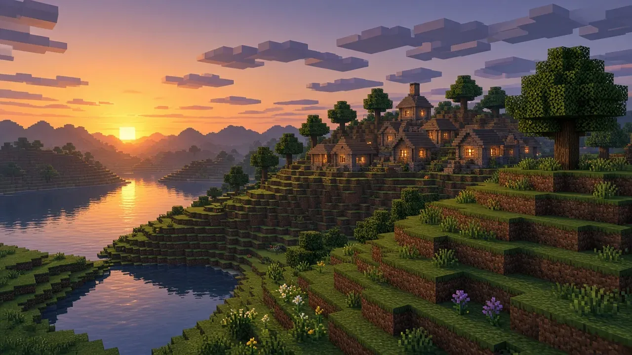 A blocky village on a grassy hill at sunset above a still lake