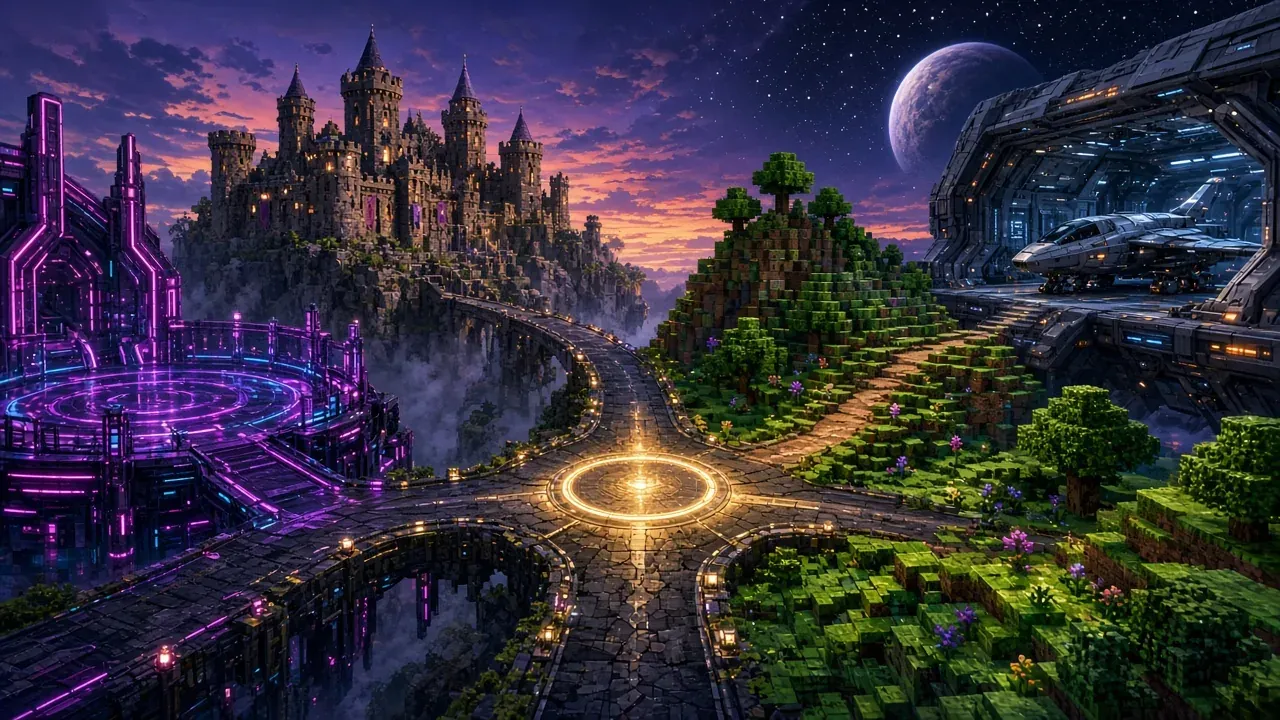 A glowing crossroads joining a neon arena, a fantasy keep, blocky hills, and a space hangar