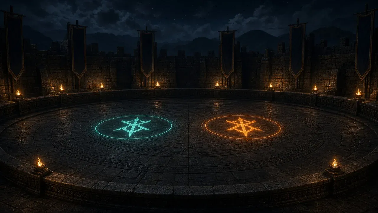 A circular stone duel arena with teal and orange floor markers
