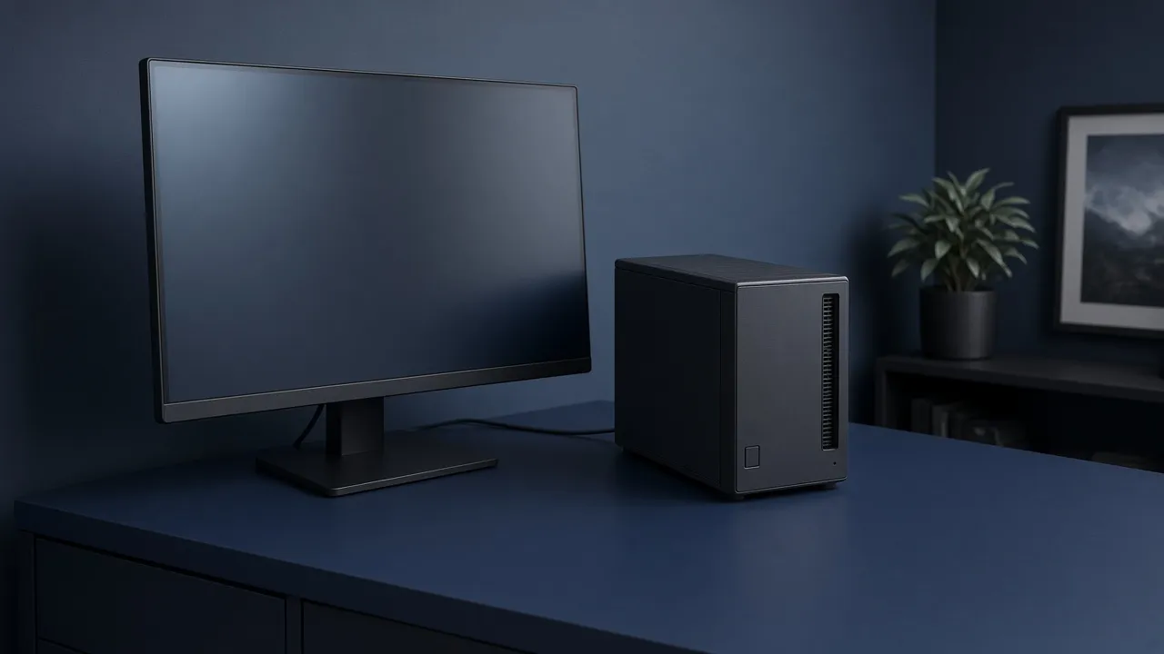 A small dark PC tower beside a monitor on a navy desk