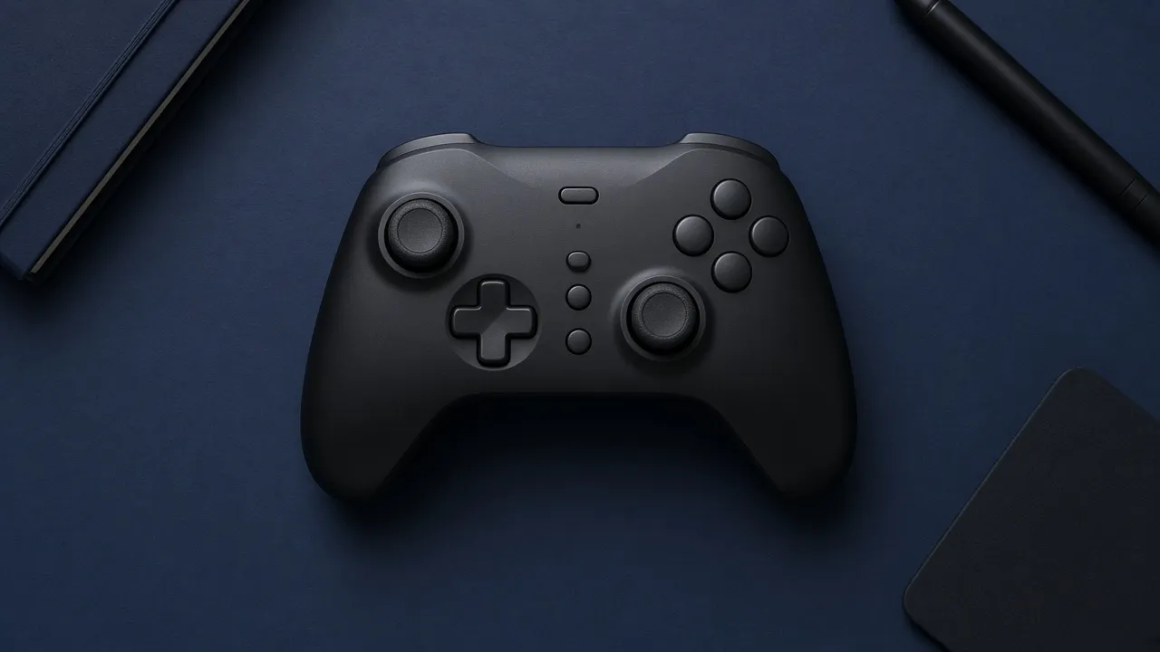 A matte black controller on a navy desk, seen from above with no readable labels