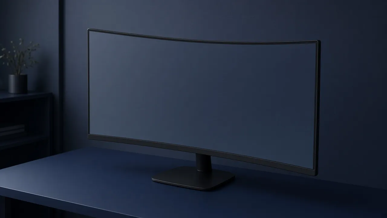 A dark curved monitor on a navy desk, seen from the side so the bend is visible
