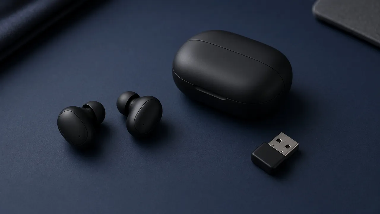 A pair of dark earbuds and a closed case on a navy desk, with a small USB dongle beside them