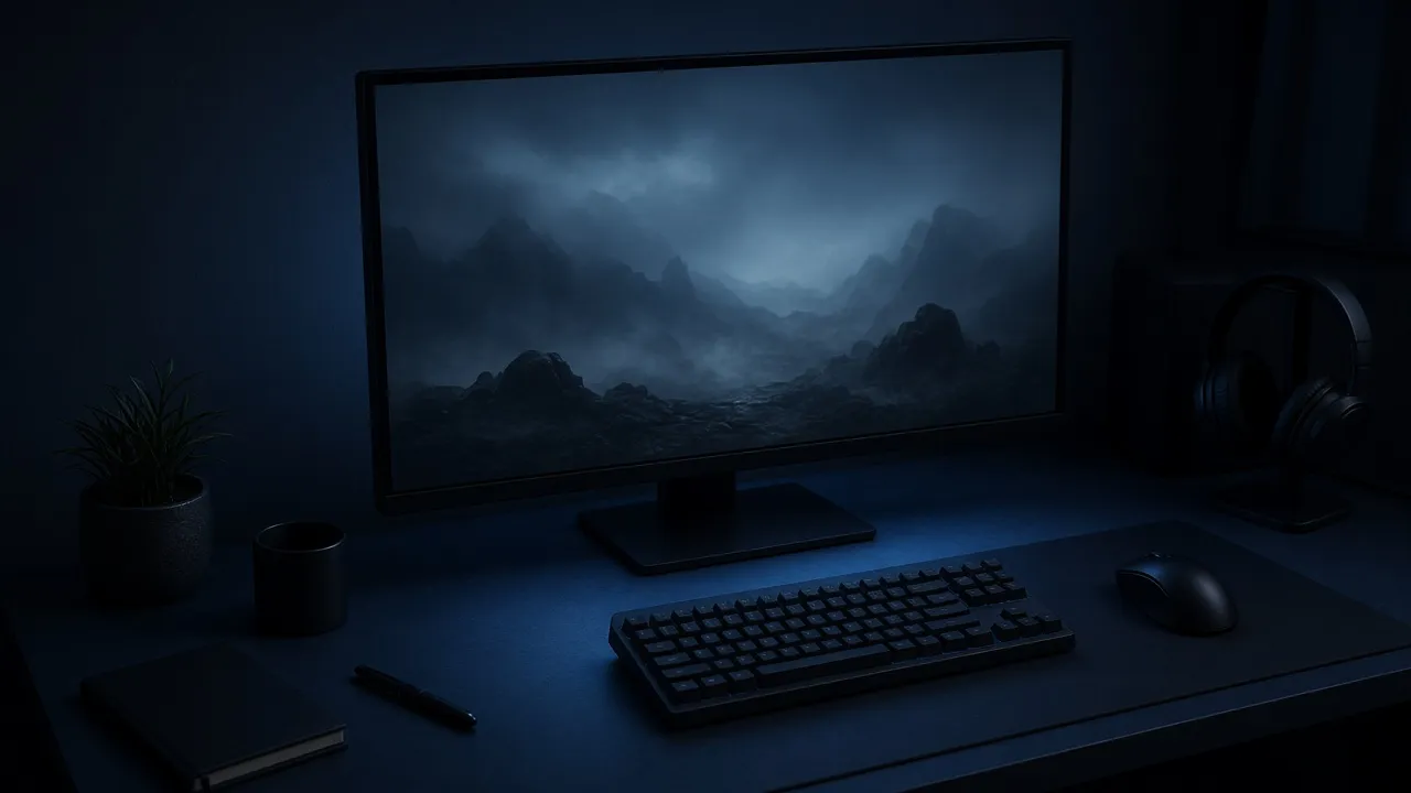 A dark desk with a monitor, keyboard, and mouse, lit by the screen