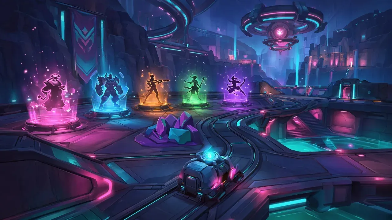 Five glowing role pads and a payload cart on a neon arena, original stylized silhouettes