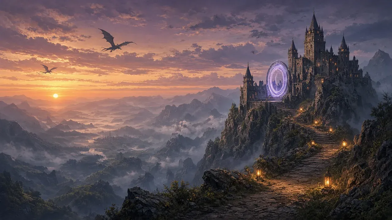A cliffside keep at dusk with a glowing portal ring and distant flying silhouettes