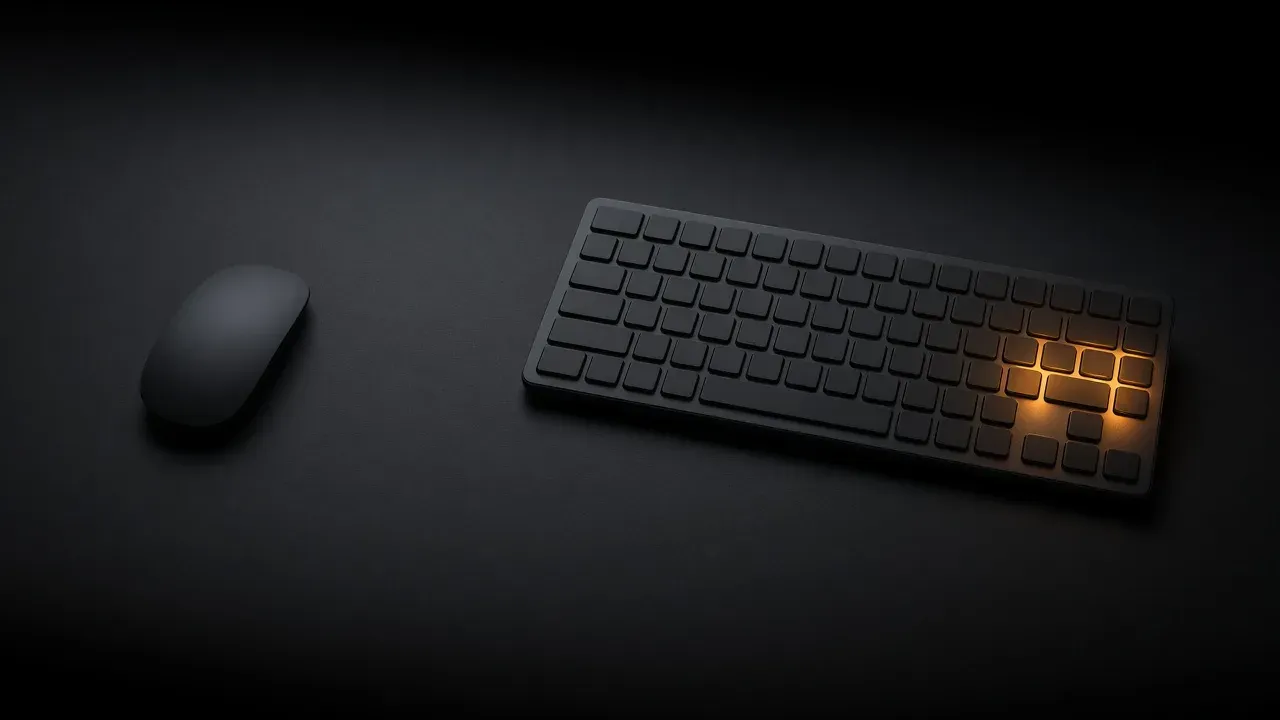 A dark desk with a plain mouse on the left and a blank keyboard on the right, a few keys at the keyboard's right end glowing amber
