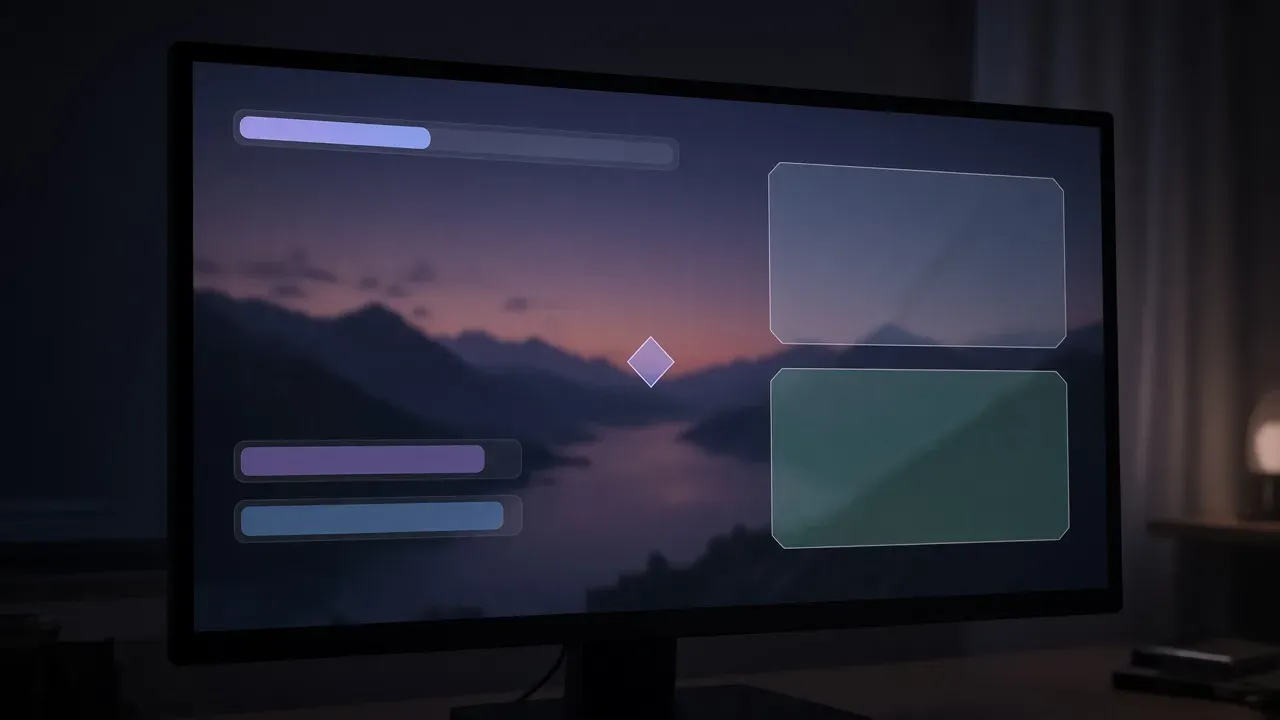 A dark monitor showing abstract interface panels, soft colored bars, and a small diamond marker over a blurred twilight landscape