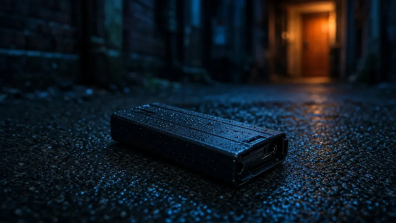 A single plain magazine lying on wet dark asphalt in a narrow alley at night, a warm lit doorway out of focus behind it, no people, no text