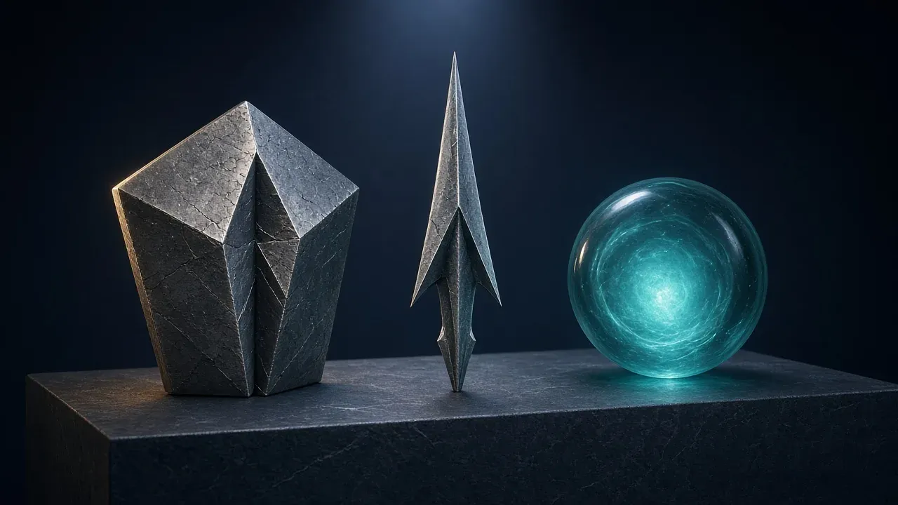Three abstract objects on a dark stone plinth under soft light, a heavy angular shield shape, a slim metal arrowhead, and a glowing teal orb, no people, no text