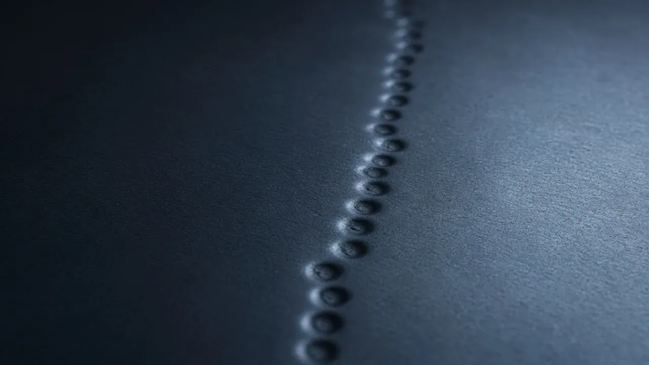 A line of small round dents climbing up a dark steel plate in cool blue side light, no people, no text