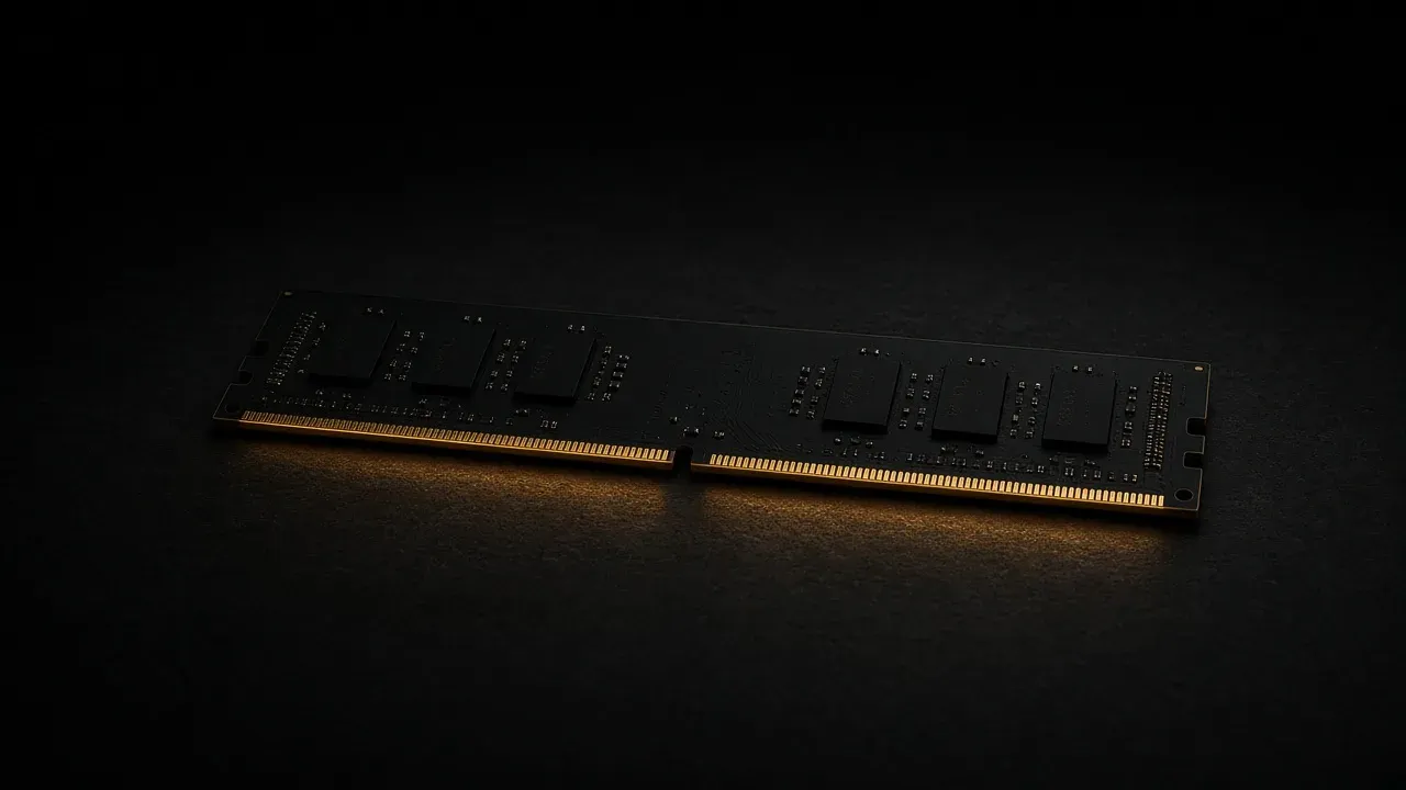A black memory module on a dark desk, gold contacts along the near edge catching a warm light