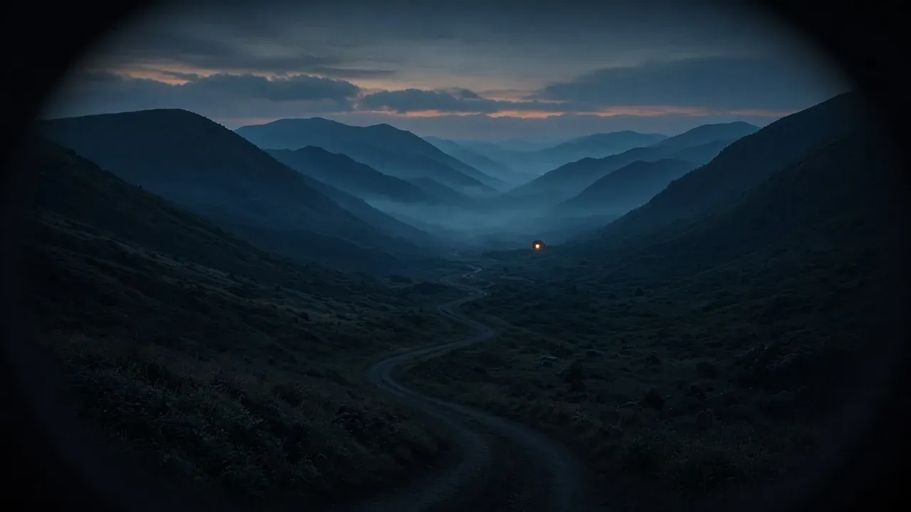 A dark valley road winding toward a single warm light far away under layered blue ridgelines, framed by a round dark edge like a lens, no people, no text