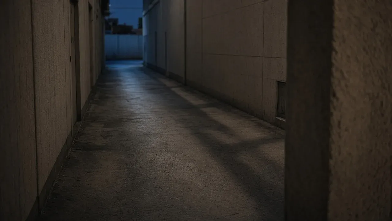 A narrow empty concrete alley at dusk seen from just behind a building corner, no people, no text