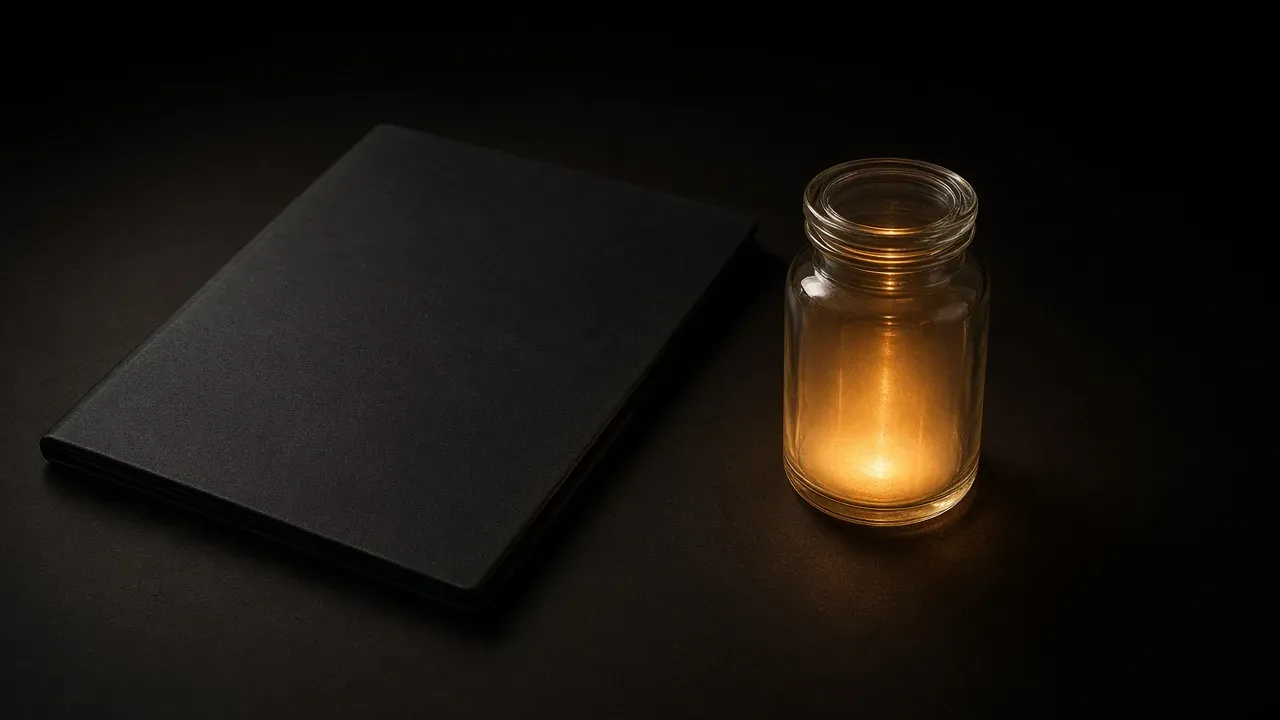 A dark desk with a closed black folder on the left and an open glass jar on the right, glowing amber from inside