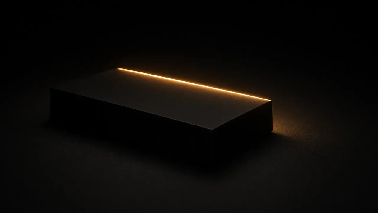 A plain black rectangular case on a dark desk, a warm line of light along the top edge