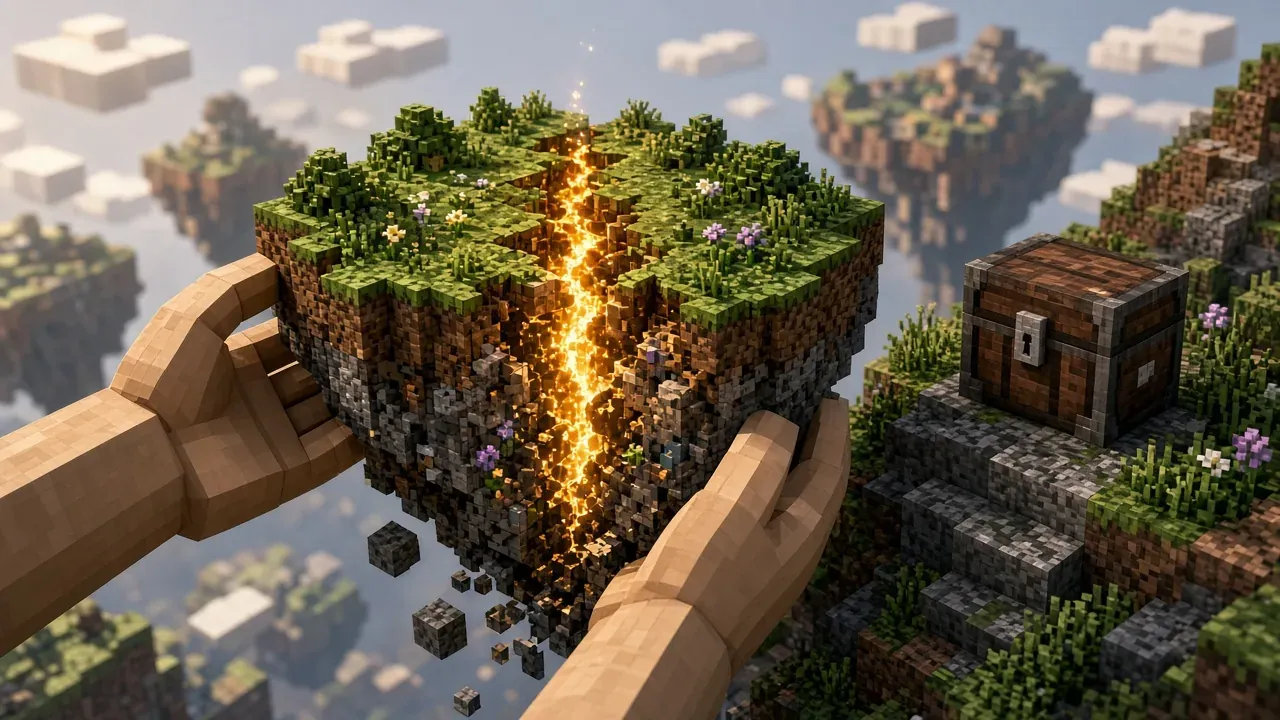 Hands holding a cracked voxel island with a glowing repair seam, a chest nearby