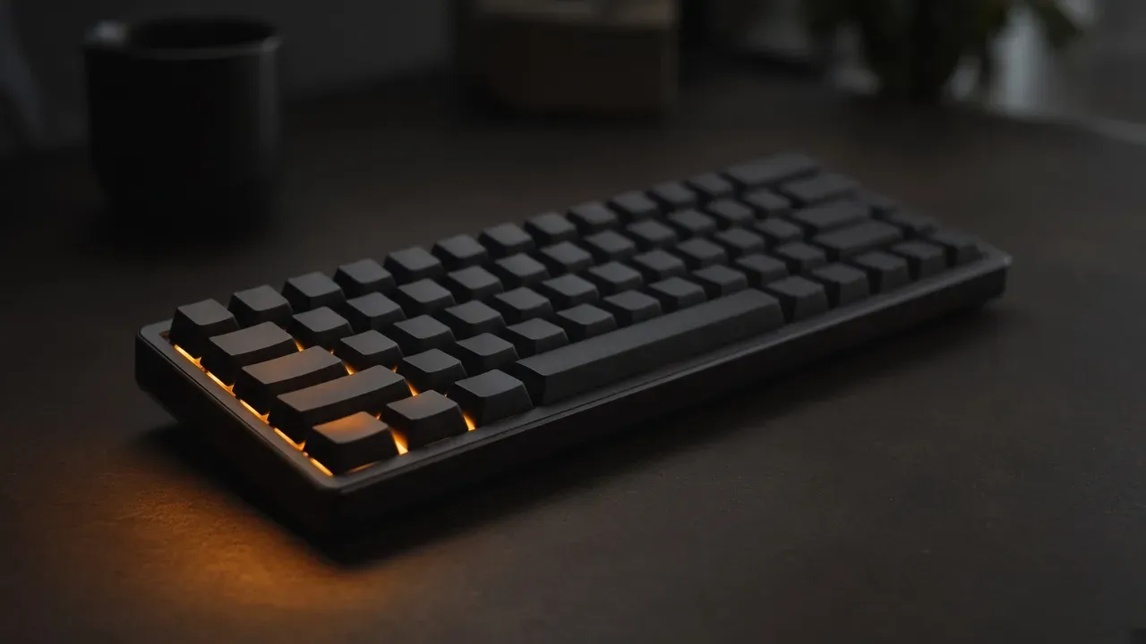 A dark compact keyboard on a desk, with a warm amber glow under a few blank keys at the near corner