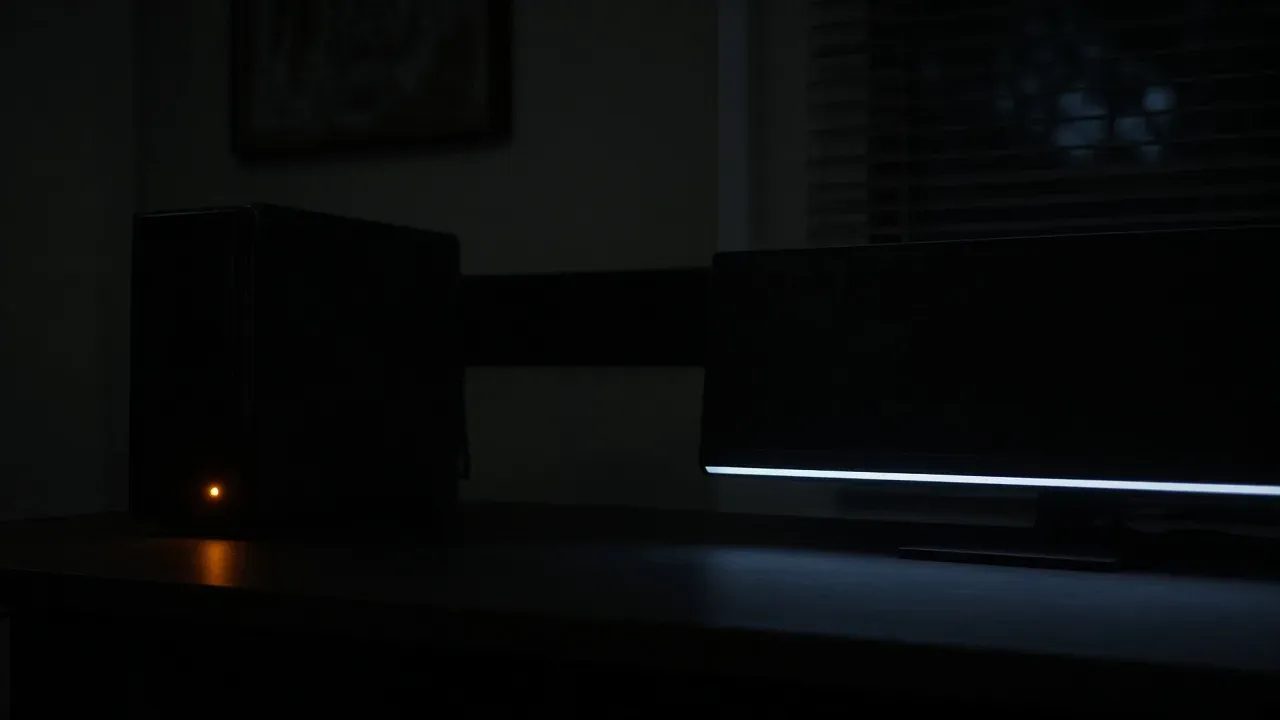 A dark desk at night, a PC tower with one small amber light, and a monitor whose screen is still black except for a thin white glow along the bottom edge