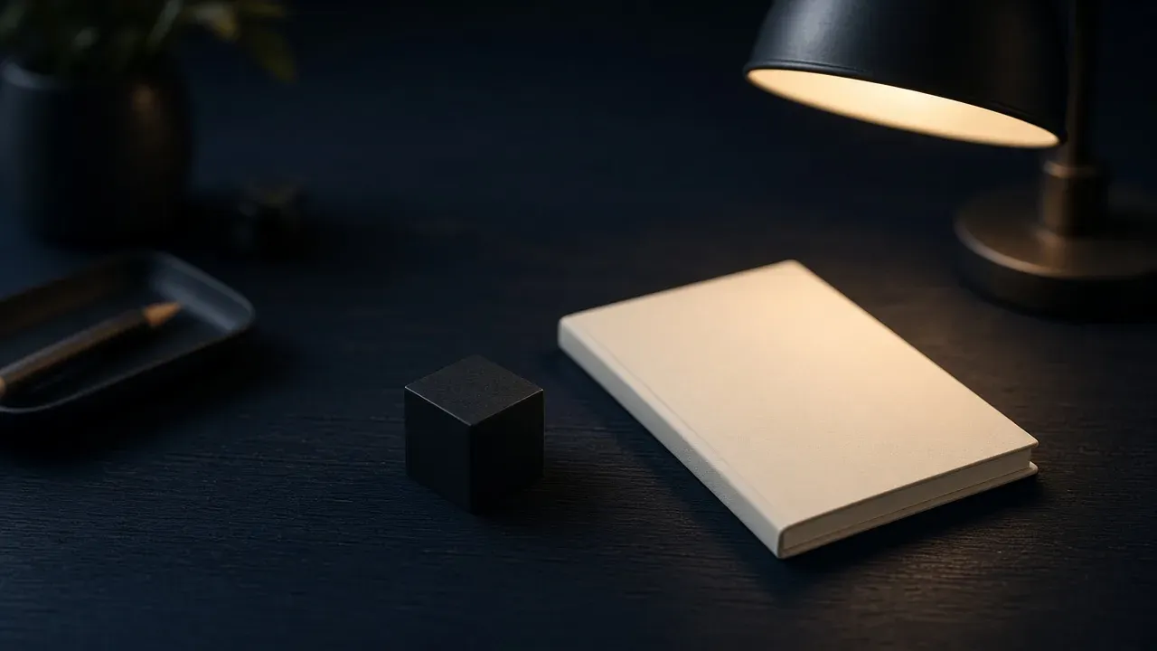A small matte cube and a blank notebook on a dark desk under a warm lamp