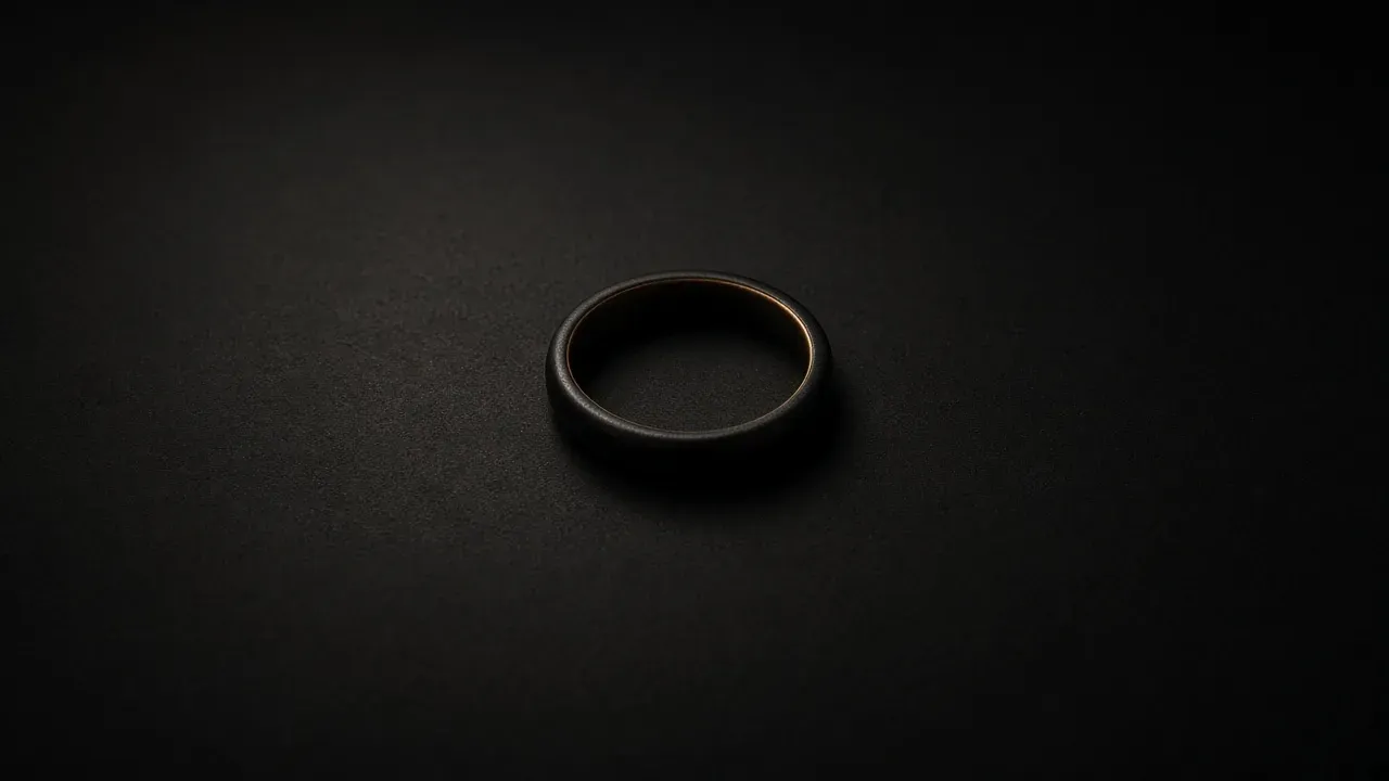 A dark ring lying on a black surface, with a thin warm line along its inner edge