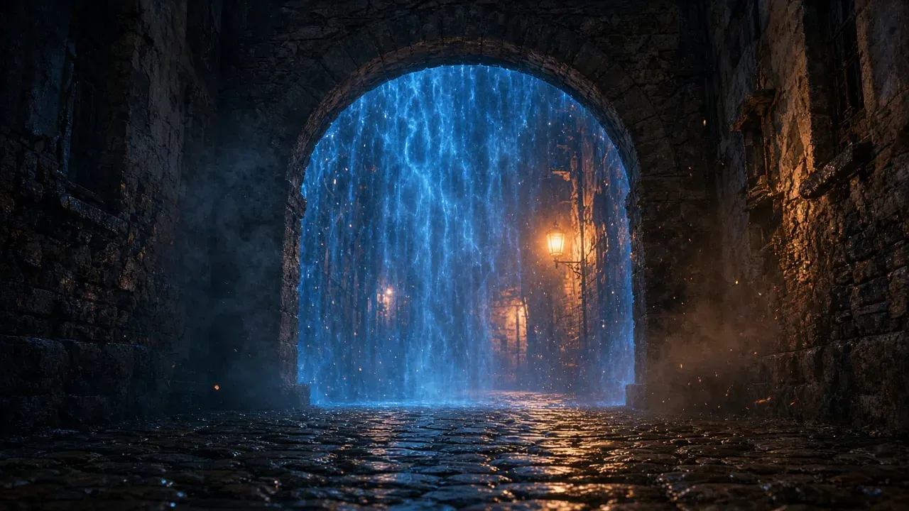 A narrow stone archway between old buildings at night, a shimmering blue energy wall filling the arch, dust and sparks in the air, a warm street lamp beyond, no people, no text