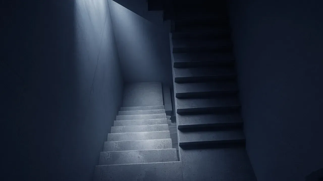 An empty concrete stairwell turning back on itself in dim blue light, seen from above, no people, no text