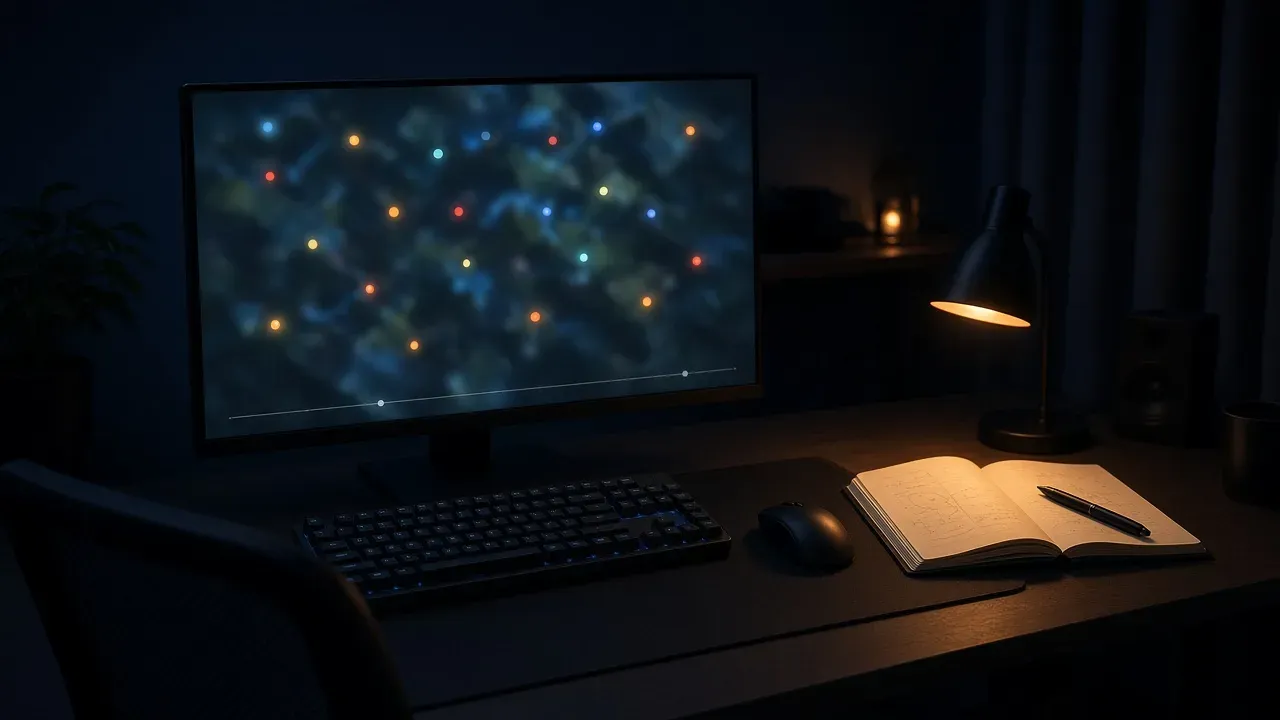 A dark desk at night with a monitor showing a blurred top-down map of glowing colored dots above a thin timeline, and an open notebook under a warm lamp