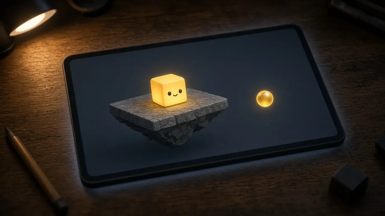 A small glowing cube on a floating platform with one collectible orb, shown on a tablet