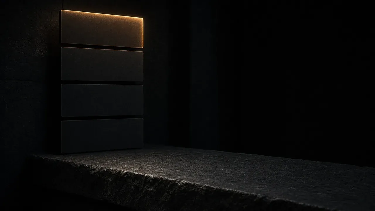 Four blank horizontal bars stacked on a dark stone ledge, the top bar edged in warm amber and the three below it unlit