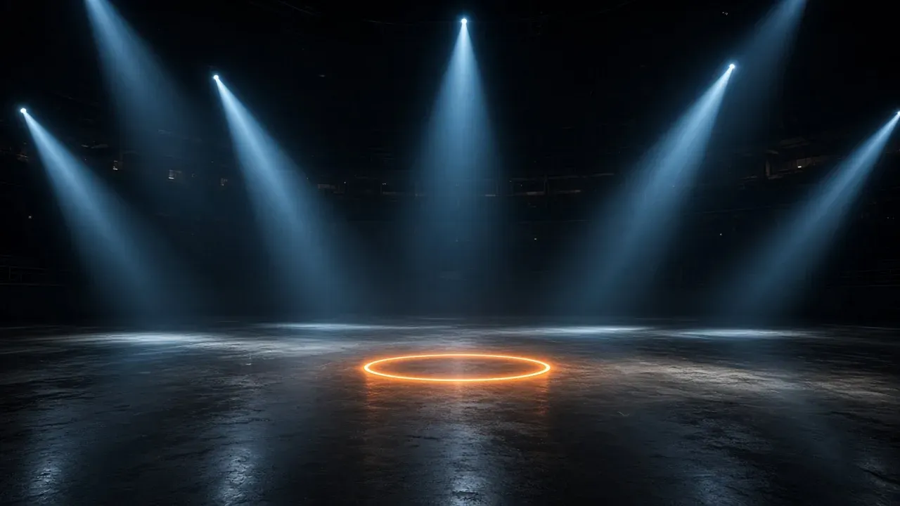 Several pale blue spotlight beams shining down from the dark edges of an empty arena toward a single glowing orange ring on the floor, no people, no text