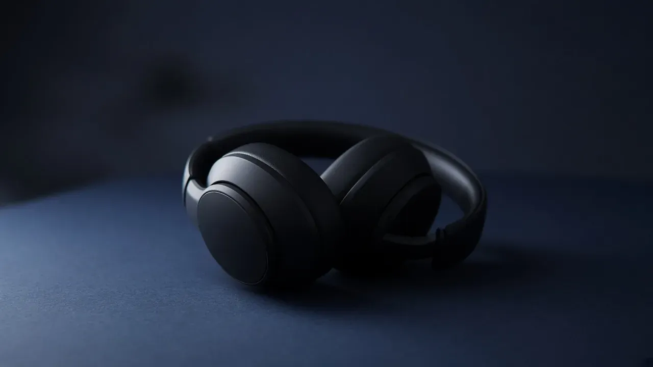 A plain black over-ear headset lying on its side on a dark navy desk in thin rim light, no people, no text