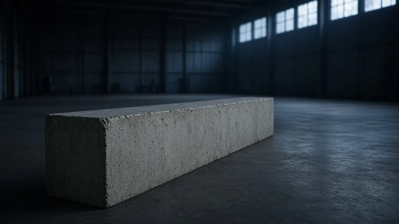 A low concrete barrier on the floor of an empty dim hall with high windows behind it, no people, no text