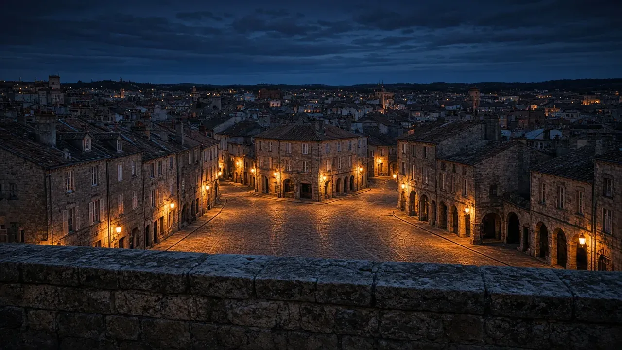 The view over a low stone parapet down onto an empty old town square at dusk, warm lamps along the arcades below and rooftops stretching away under a dark blue sky, no people, no text