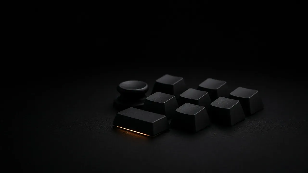 A wide dark key in front of a small cluster of plain dark keys, with a round dark button behind them and a warm line along the wide key's near edge