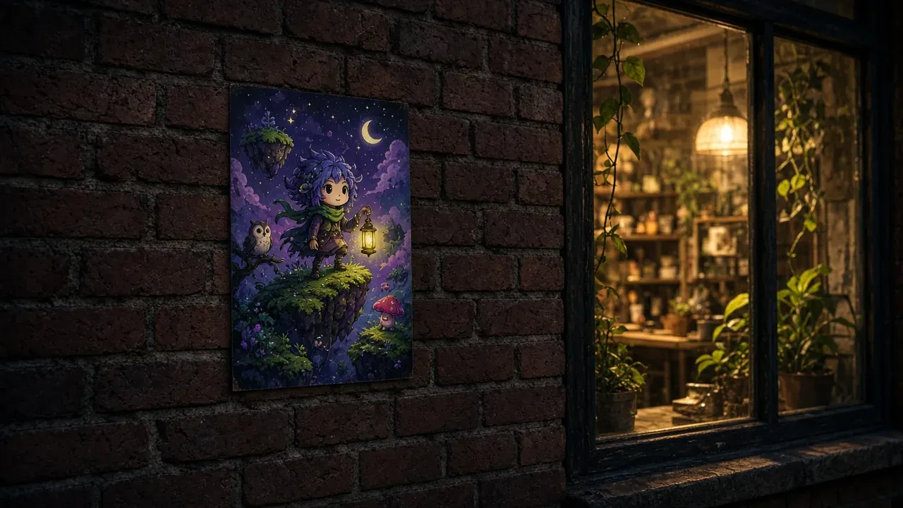 A small original poster on a brick wall beside a glowing workshop window