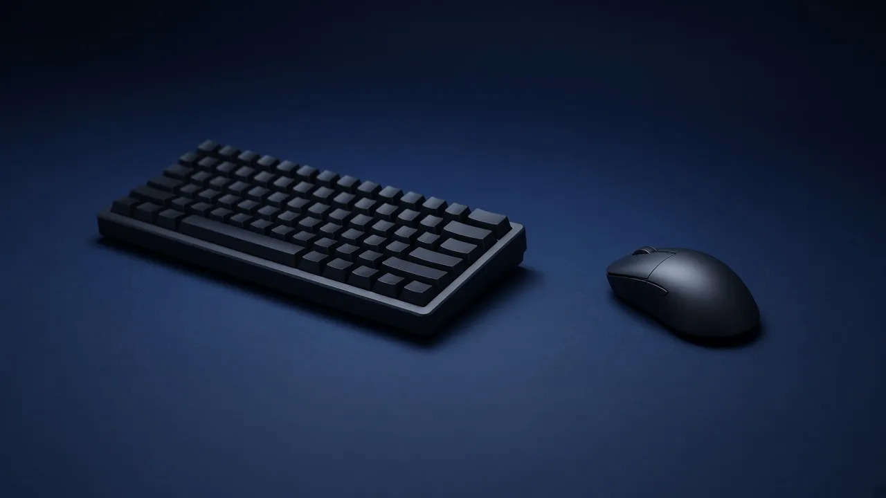 A compact dark keyboard and a mouse on an empty navy desk