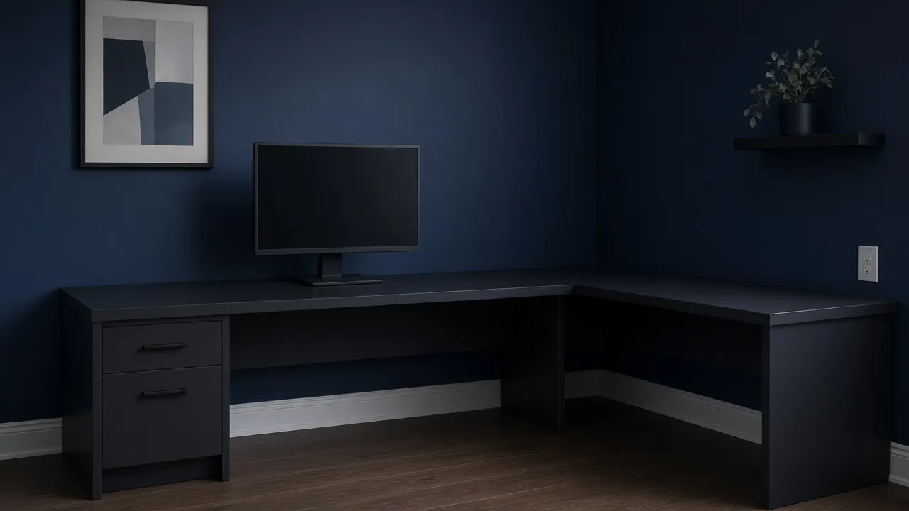 An L-shaped dark desk in a navy room, with the monitor on the long side rather than in the corner