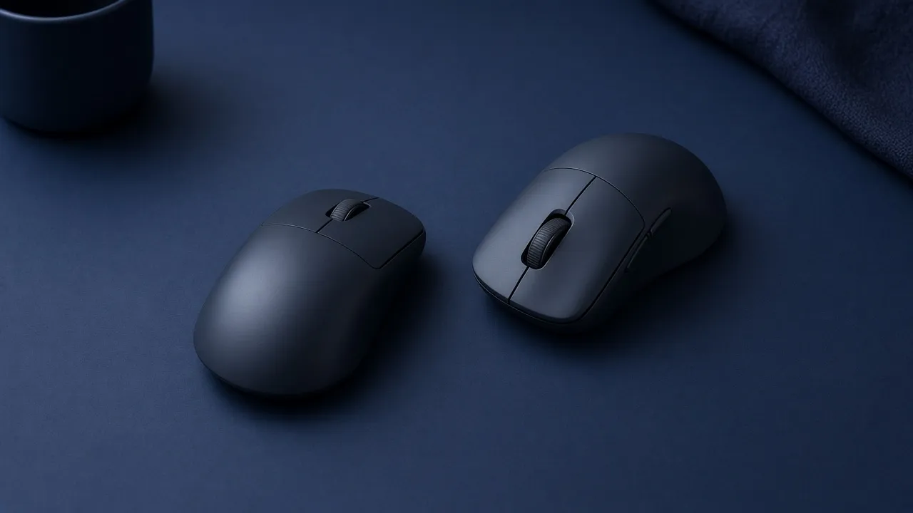 Two dark mice on a navy desk, one low and one with a taller hump