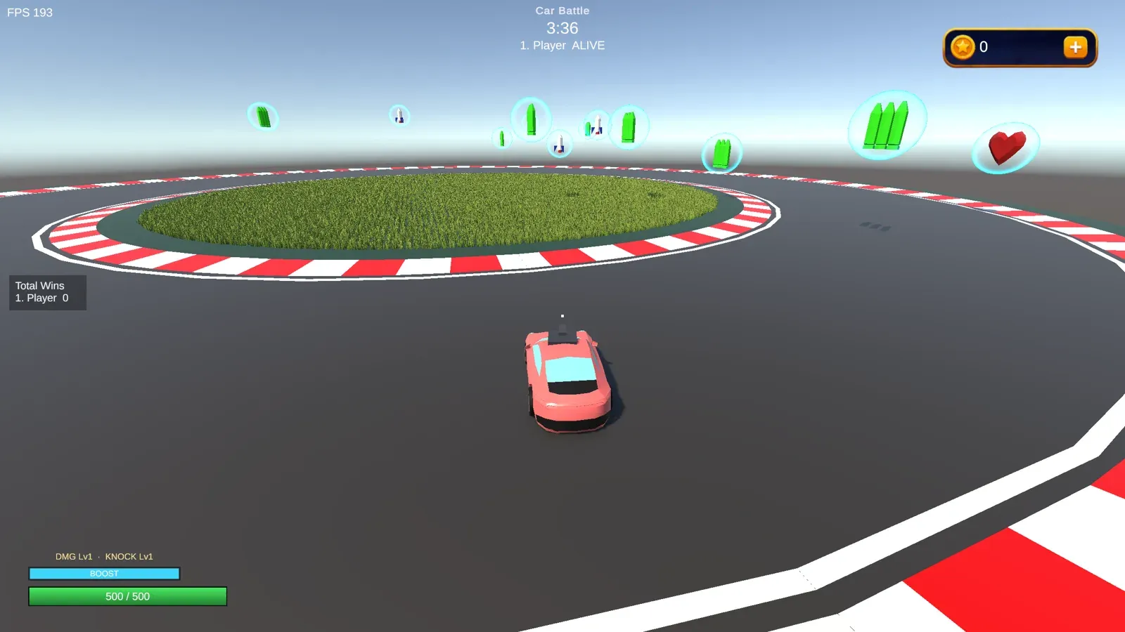 Car Battle: a pink car on a circular racetrack with floating pickups. The HUD reads Car Battle.