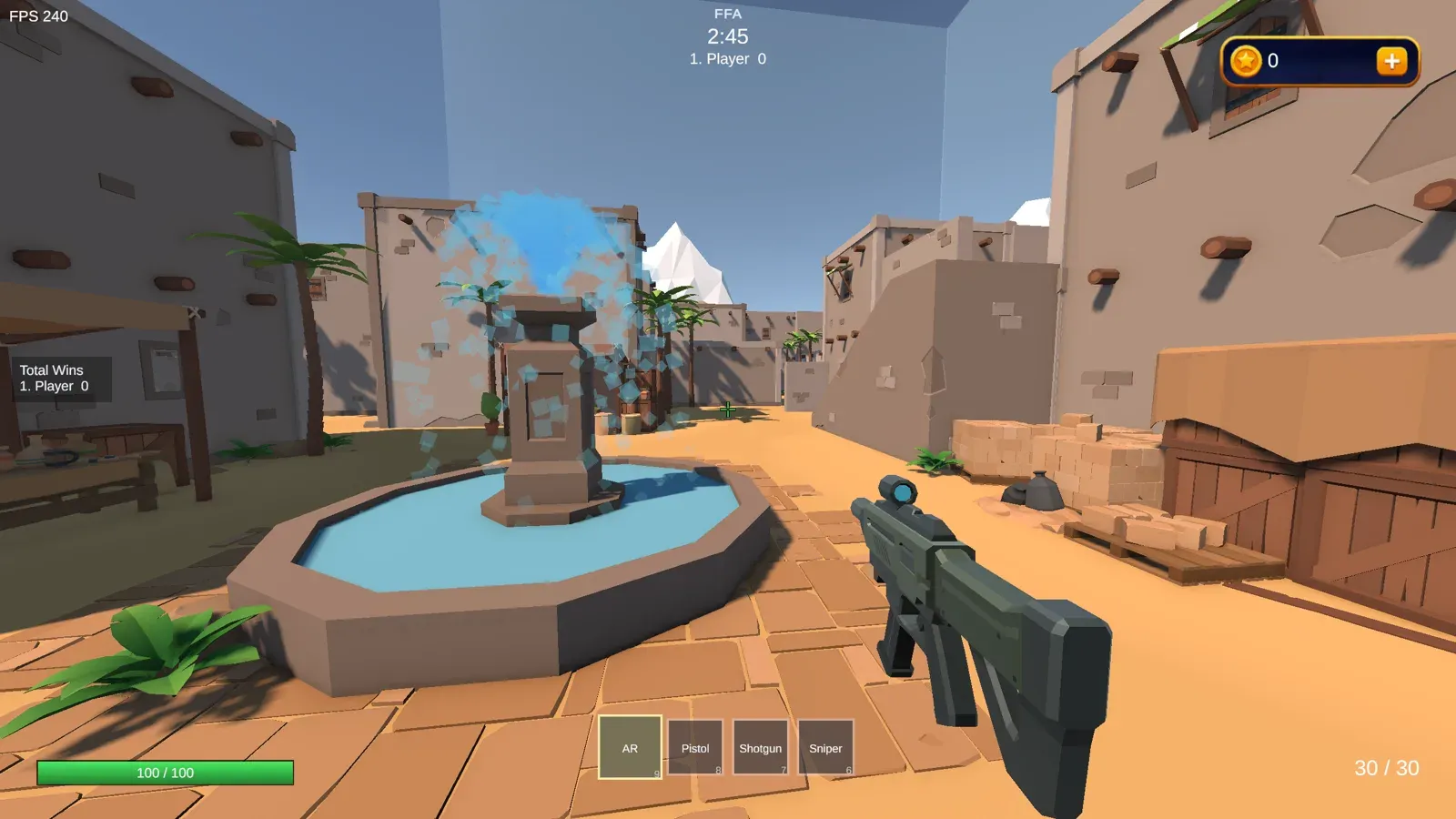 First-person FFA on a desert map with a fountain, block buildings, and a rifle. The HUD reads FFA.