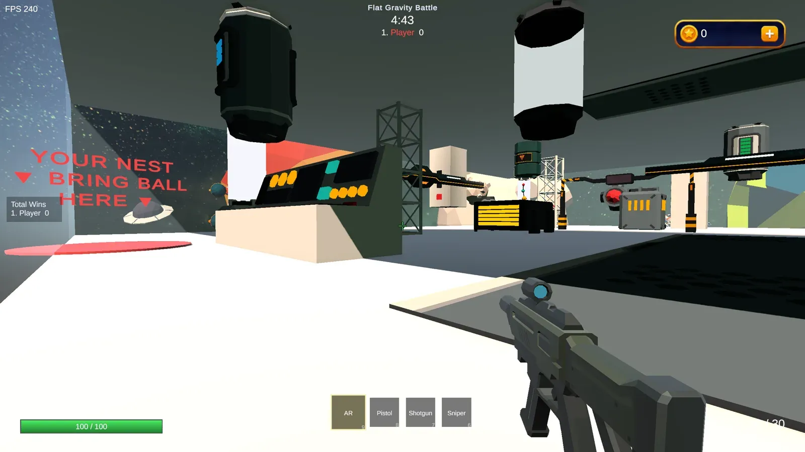 Flat Gravity Battle: a white space-station interior with a rifle. The HUD reads Flat Gravity Battle.