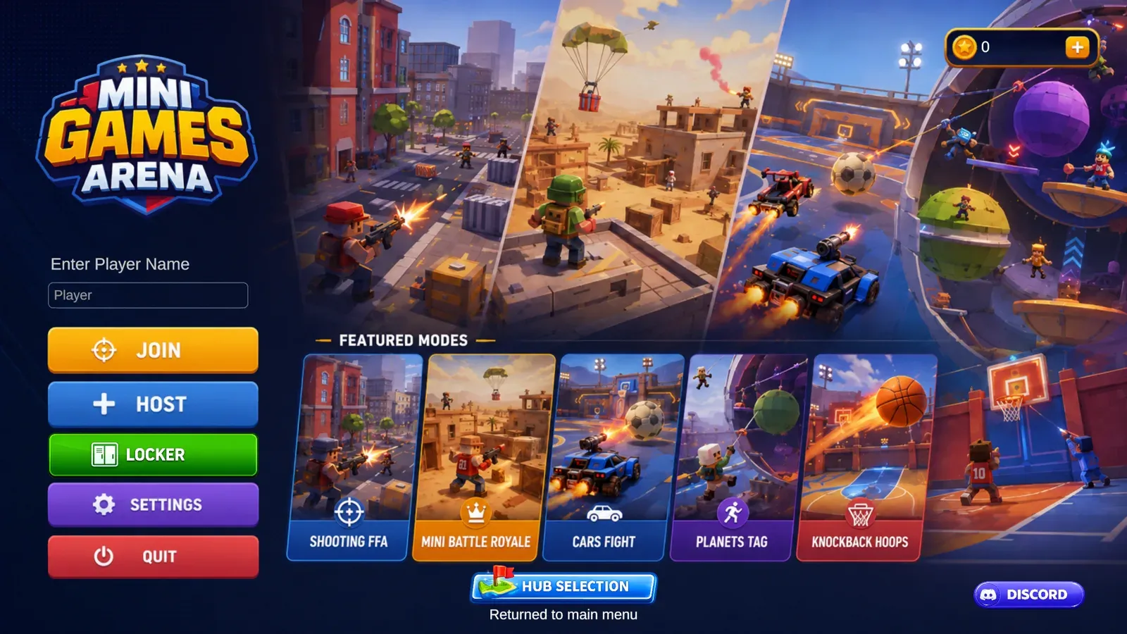 Mini Games Arena main menu with Join, Host, Locker, Settings, and featured modes Shooting FFA, Mini Battle Royale, Cars Fight, Planets Tag, and Knockback Hoops